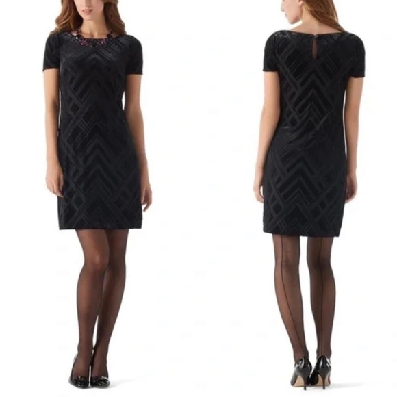 White House Black Market Dresses & Skirts - 𝅺WHITE House Black Market Black Velvet Shift Party Dress Geometric Deco WHBM XS